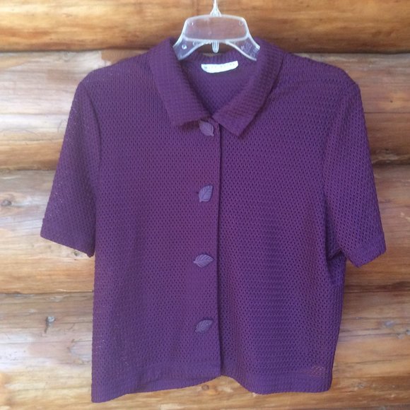 Vintage Miss Dorby Purple 90s Open Knit Retro Cropped Button Down Size Medium - Picture 1 of 3